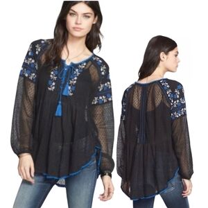 Free People Top Women's S Black Roses Are Red Embroidered Peasant Tassel Ties